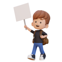 3D kid character holding a blank placard png