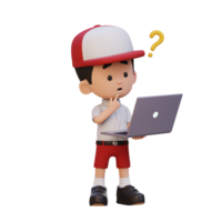 3D cute kid character confused on a laptop png