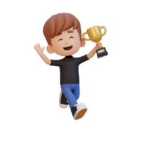 3D kid character celebrating win holding a trophy png