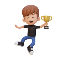 3D kid character celebrating win holding a trophy png