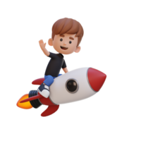 3D kid character riding a rocket and waving hand png