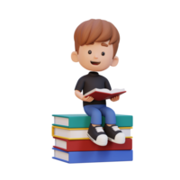 3D happy kid character reading book png