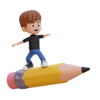 3D kid character standing riding a pencil png