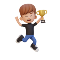 3D kid character celebrating win holding a trophy png