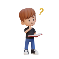 3d niño personaje obtener confuso cuando leyendo un libro png