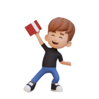 3D happy kid character holding book png