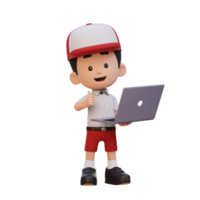 3D cute kid character give a thumb up while holding a laptop png