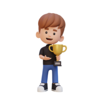 3D kid character celebrating win holding a trophy png