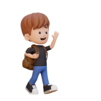 3D happy kid character walking and waving hand png