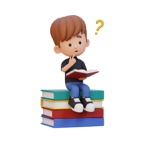 3D kid character get confused when reading a book png