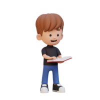 3D happy kid character reading book png