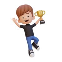 3D kid character celebrating win holding a trophy png