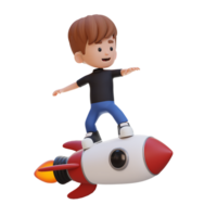 3d niño personaje en pie montando un cohete png