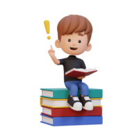 3D kid character get an idea when reading a book png