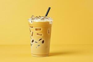 ai generado con hielo latté en amarillo antecedentes. ai generado foto