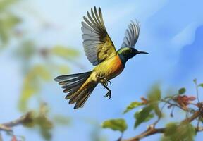 AI generated Olive backed sunbird, Yellow bellied sunbird flying in the bright sky. Generative AI photo