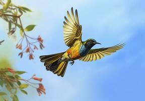 AI generated Olive backed sunbird, Yellow bellied sunbird flying in the bright sky. Generative AI photo