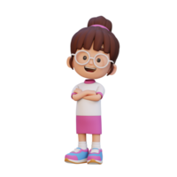 3D cute girl character in confident pose crossed hand png