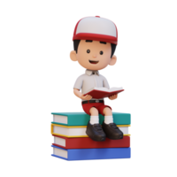 3D happy kid character reading book png