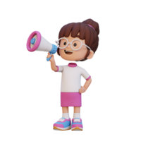 3d linda niña personaje hablando en megáfono png