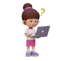 3D cute girl character confused on a laptop png