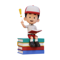 3D kid character get an idea when reading a book png