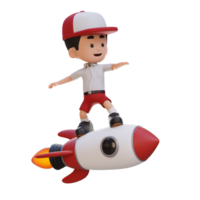 3D kid character standing riding a rocket png