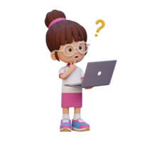3D cute girl character confused on a laptop png