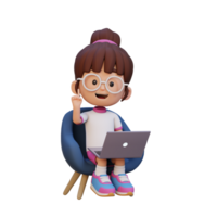 3d niña personaje trabajando en un ordenador portátil png