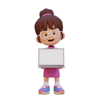 3d fille personnage en portant et en présentant à une portable avec vide écran png