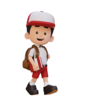 3D happy kid character walking go to school holding book png