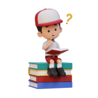 3D kid character get confused when reading a book png