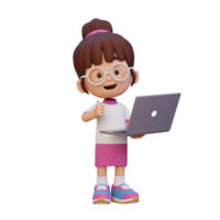 3D cute girl character give a thumb up while holding a laptop png