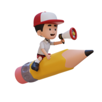 3D kid character riding a pencil and holding megaphone png