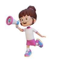 3d fofa menina personagem pulando e falando em megafone png