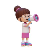 3d mignonne fille personnage parlant sur mégaphone png