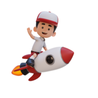 3D kid character riding a rocket and waving hand png