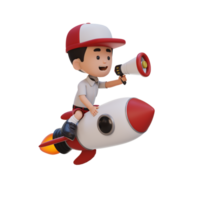 3D kid character riding a rocket and holding megaphone png