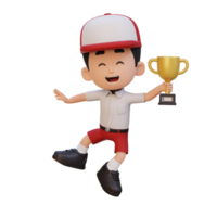 3d niño personaje celebrando ganar participación un trofeo png