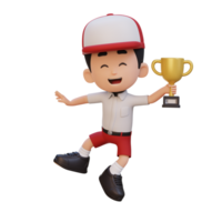 3D kid character celebrating win holding a trophy png