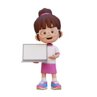 3d meisje karakter Holding en presenteren naar een laptop met leeg scherm png