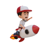 3D kid character riding a rocket and pointing hand png