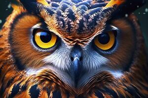 AI generated Owl headshot with closeup of face. Generative AI photo