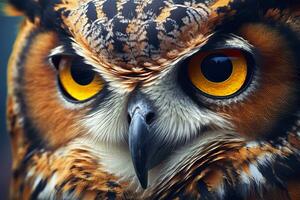 AI generated Owl headshot with closeup of face. Generative AI photo