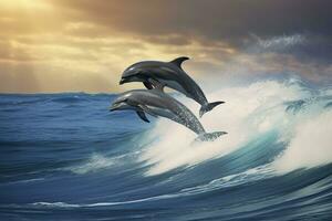 AI generated Playful dolphins jumping over breaking waves. Hawaii Pacific Ocean wildlife scenery. Generative AI photo