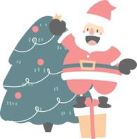 merry christmas and happy new year with cute santa claus, pine tree and gift box, flat png transparent element cartoon character design