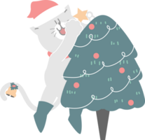 merry christmas and happy new year with cute cat, star and pine tree, flat png transparent element cartoon character design