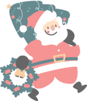 merry christmas and happy new year with cute santa claus, christmas pine tree and wreath, flat png transparent element cartoon character design