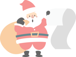 merry christmas and happy new year with cute santa claus looking at wish list and santa bag, flat png transparent element cartoon character design