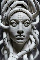 AI generated Portrait of cyborg medusa close up carved in marble. AI Generated photo